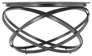 Moderner Couchtisch mit schwarzem, verschlungenem Metallgestell und runder Tischplatte, Seitenansicht.