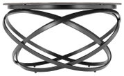 Moderner Couchtisch mit schwarzem, verschlungenem Metallgestell und runder Tischplatte, Seitenansicht.