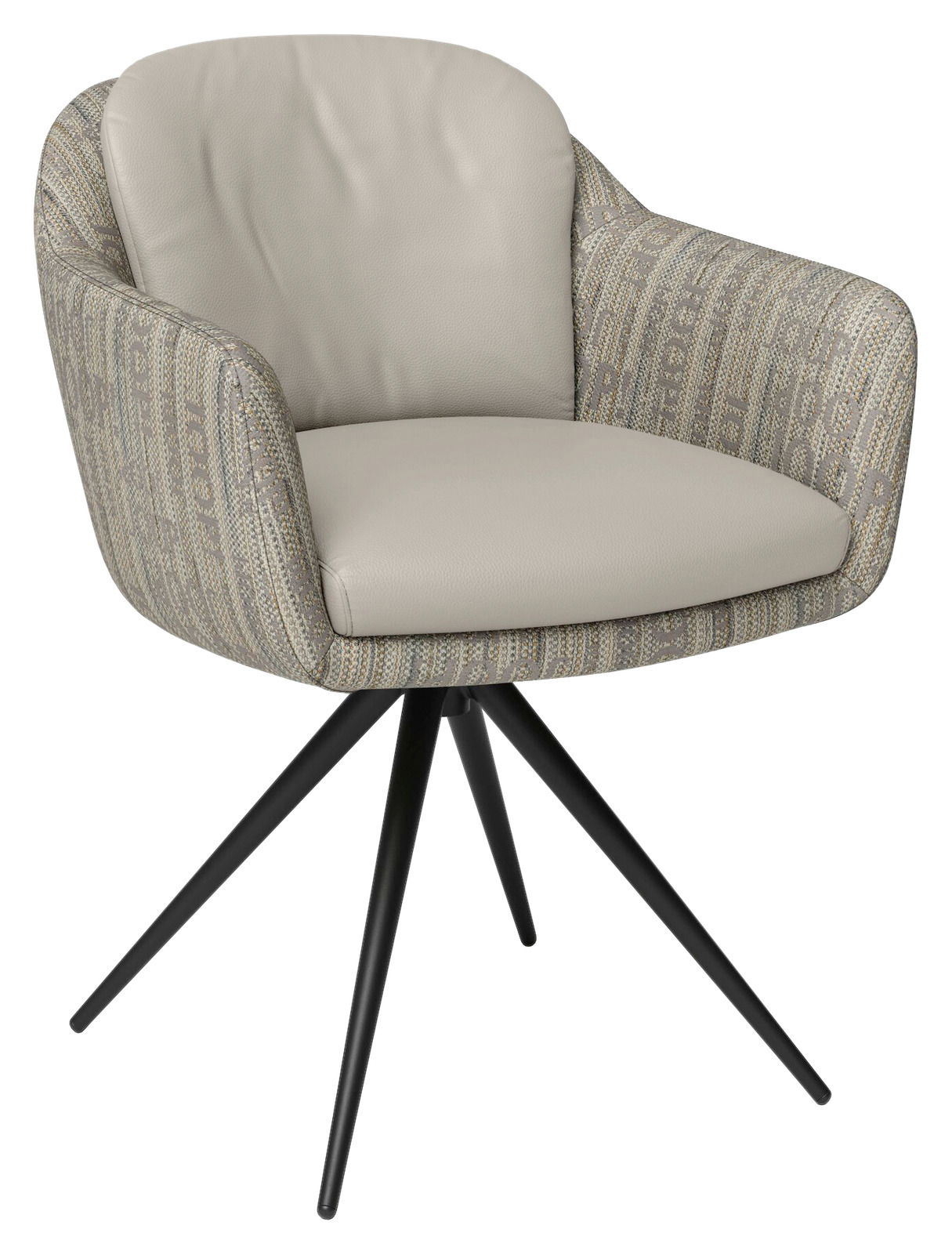 Moderner Armlehnstuhl mit beigem Sitzpolster und gemusterten Armlehnen, auf schwarzem Metallgestell. Frontalansicht.
