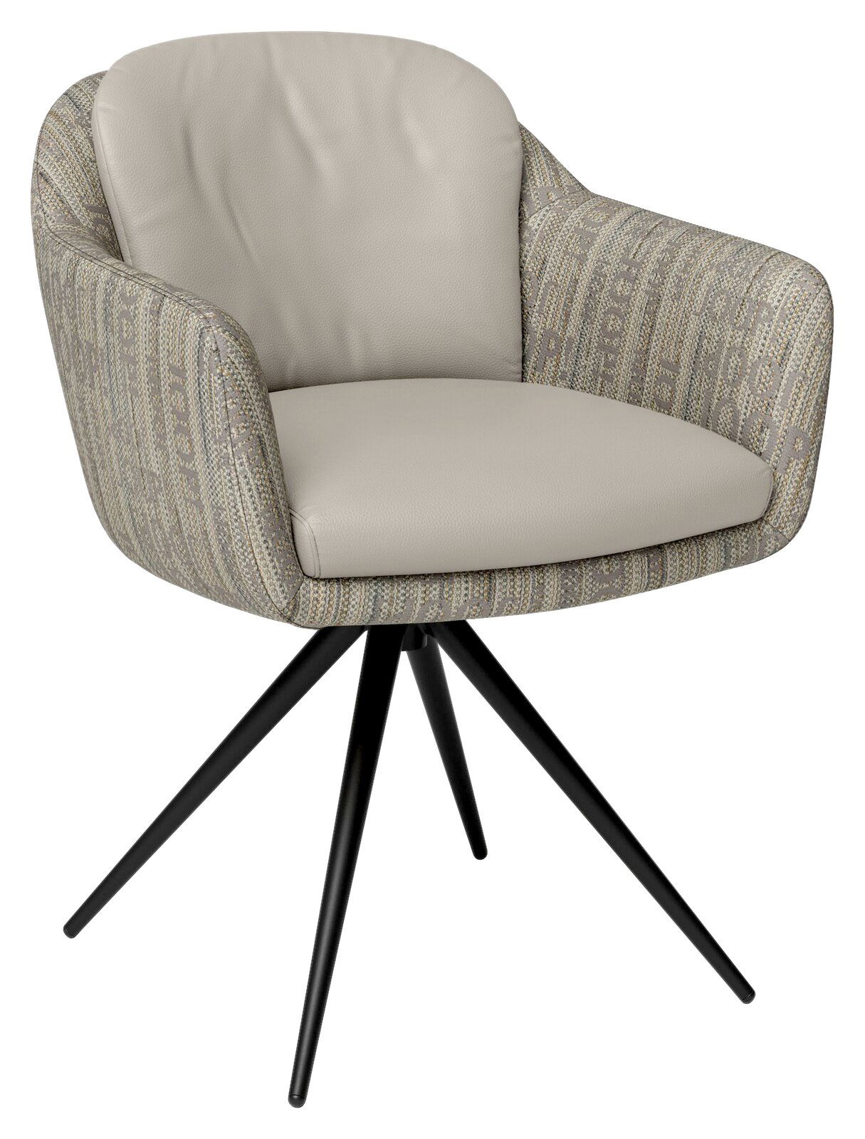 JOOP! Armlehnstuhl CHARACTERS Moderner Armlehnstuhl mit beigem Sitzpolster und gemusterten Armlehnen, auf schwarzem Metallgestell. Frontalansicht.