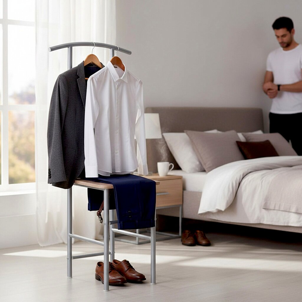 Moderner Herrendiener/Kleiderständer aus Metall im Schlafzimmer, mit grauem Sakko und weißem Hemd auf Bügeln sowie blauer Hose über der Ablage; braune Lederschuhe davor, aufgenommen in frontaler Perspektive leicht von links.