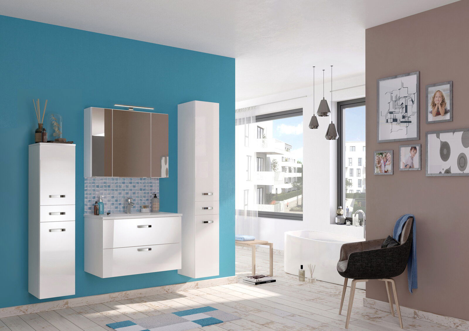 Moderner weißer Midischrank in einem stilvollen Badezimmer, frontal betrachtet.