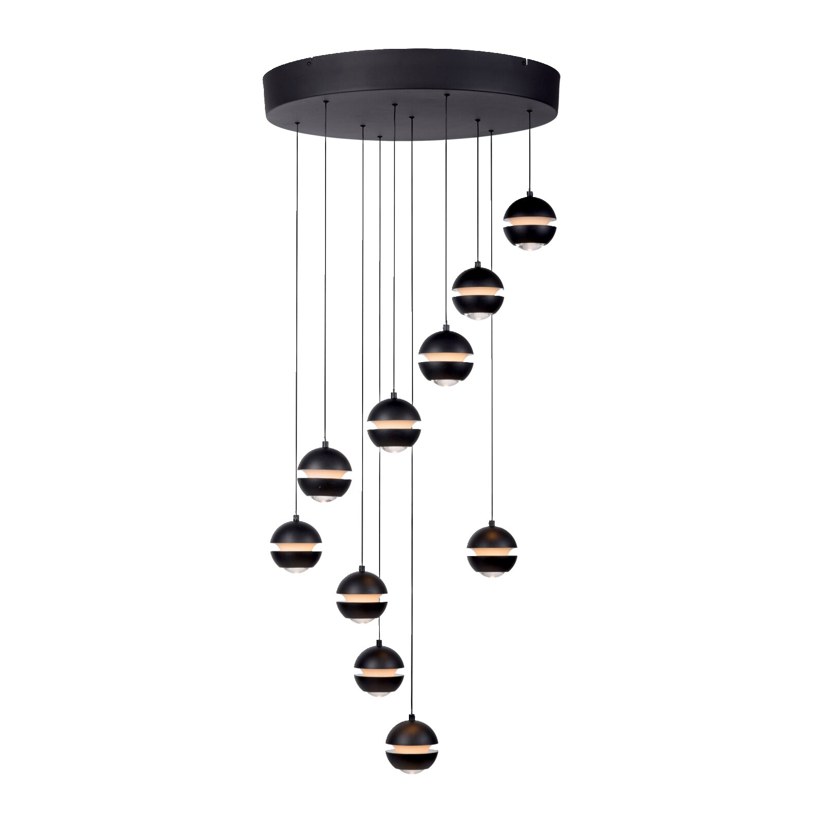 Zwarte hanglamp met meerdere lampen, voorzien van een ronde plafondplaat en meerdere bolvormige kappen aan kabels van verschillende lengtes; vooraanzicht, licht van onderaf