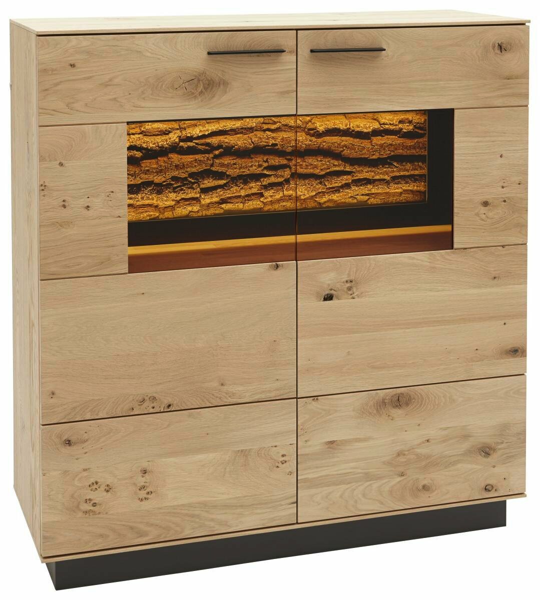 Valnatura Highboard LAVIA Hochwertiges Highboard aus Holz mit natürlicher Maserung und beleuchtetem Dekor in der Frontansicht.