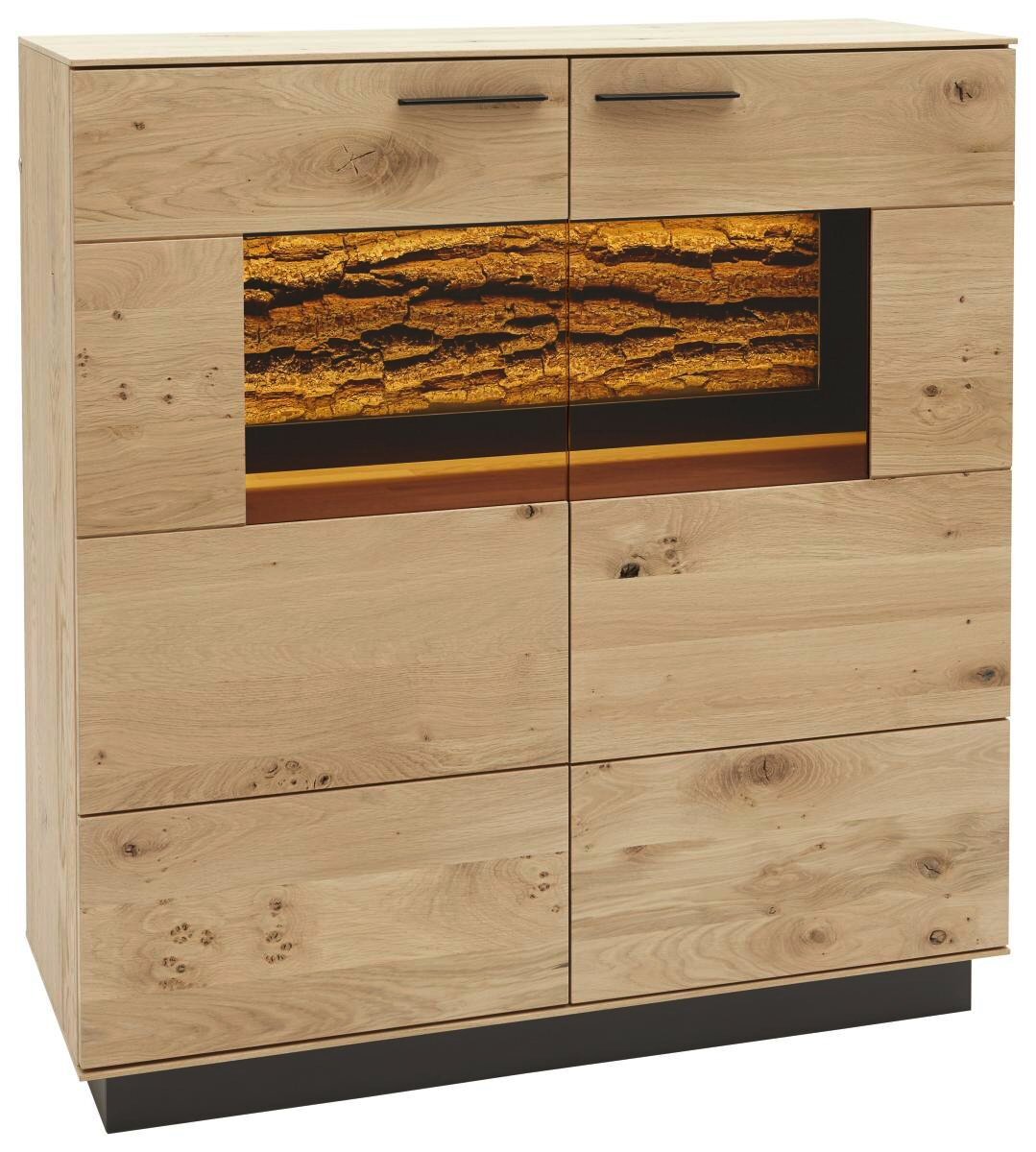 Valnatura Highboard LAVIA Hochwertiges Highboard aus Holz mit natürlicher Maserung und beleuchtetem Dekor in der Frontansicht.