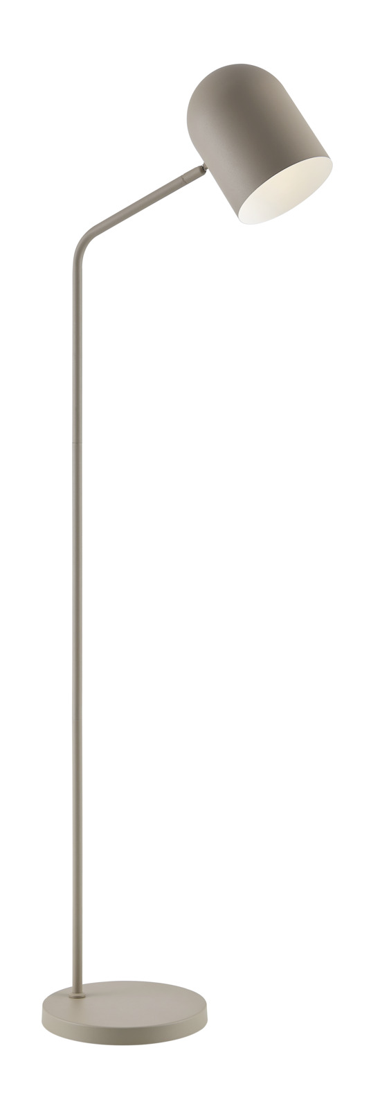 Moderne Stehleuchte in seitlicher Perspektive mit schlichtem, minimalistischem Design und rundem Lampenschirm.