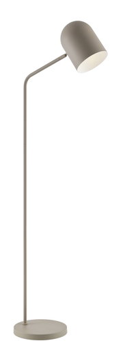 Moderne Stehleuchte in seitlicher Perspektive mit schlichtem, minimalistischem Design und rundem Lampenschirm.