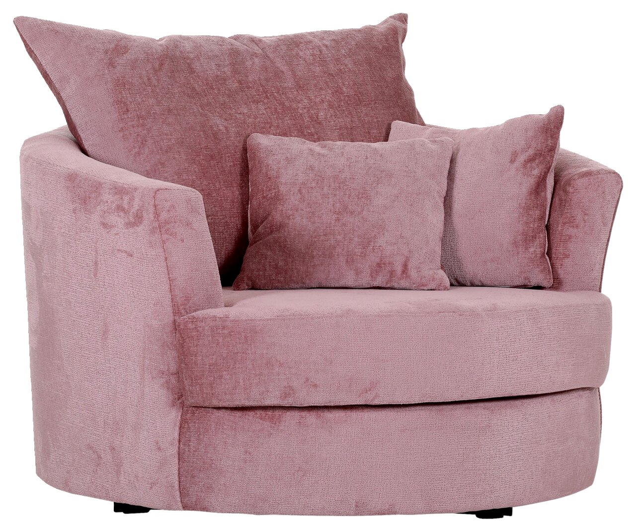 Gemütlicher rosa Sessel mit runden Formen und zwei großen Kissen, Vorderansicht.