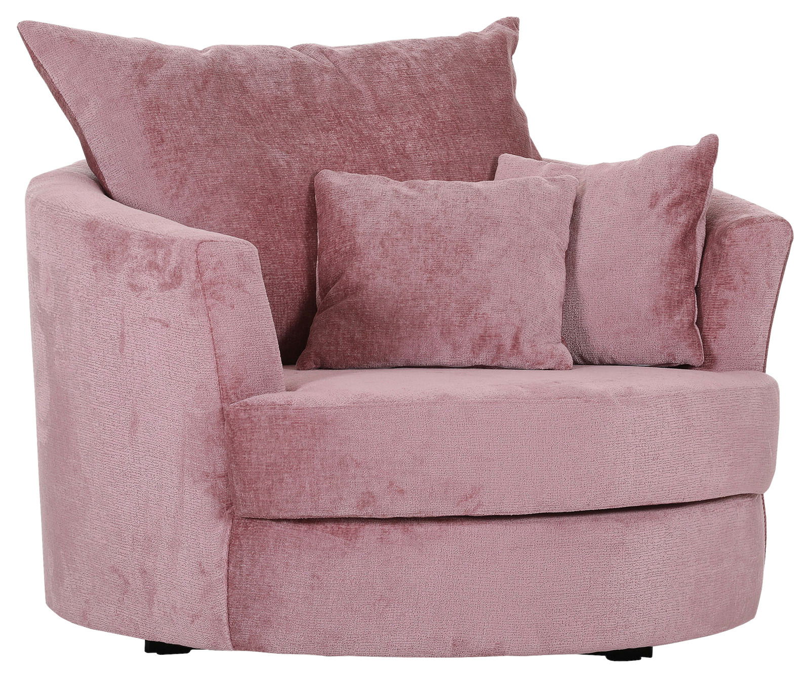 Gemütlicher rosa Sessel mit runden Formen und zwei großen Kissen, Vorderansicht.