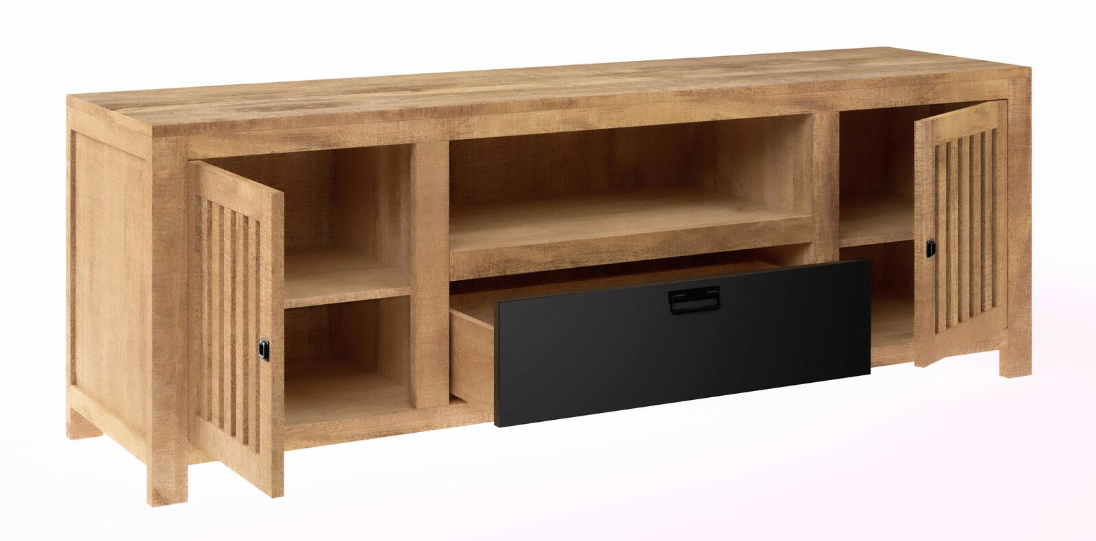 Holz-Lowboard mit zwei offenen Fächern, einer schwarzen Schublade und zwei Türen, Perspektive von vorne links