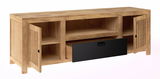 Holz-Lowboard mit zwei offenen Fächern, einer schwarzen Schublade und zwei Türen, Perspektive von vorne links
