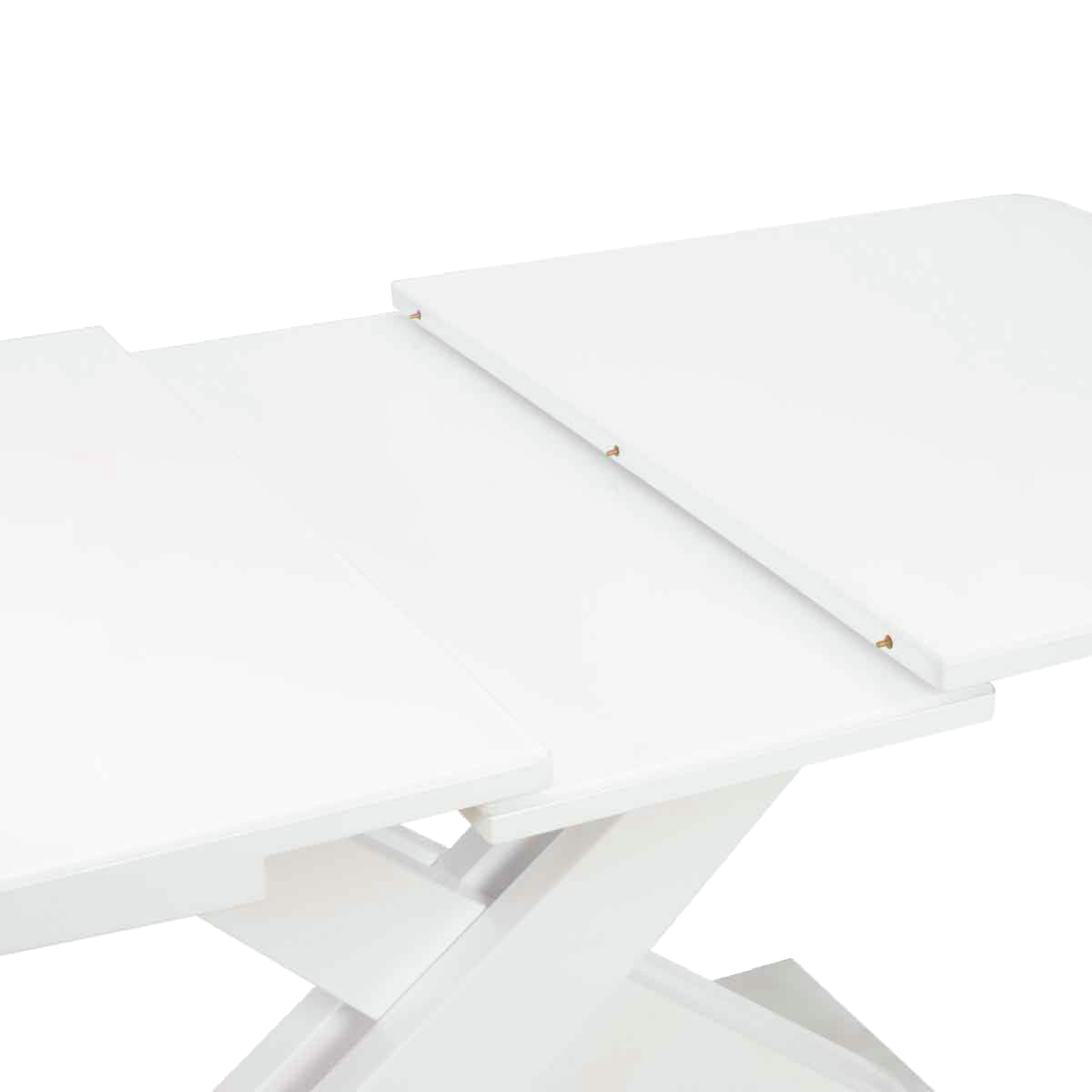 Weißer Funktions-Esstisch mit erweiterbarer Tischplatte, seitliche Perspektive