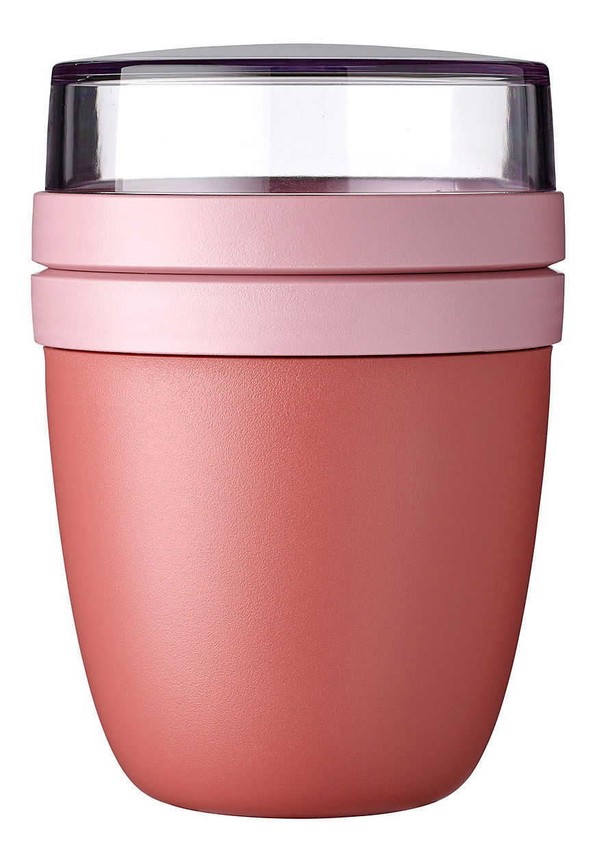 Mepal Snackpot in Mauve, Vorderansicht mit transparentem Deckel.