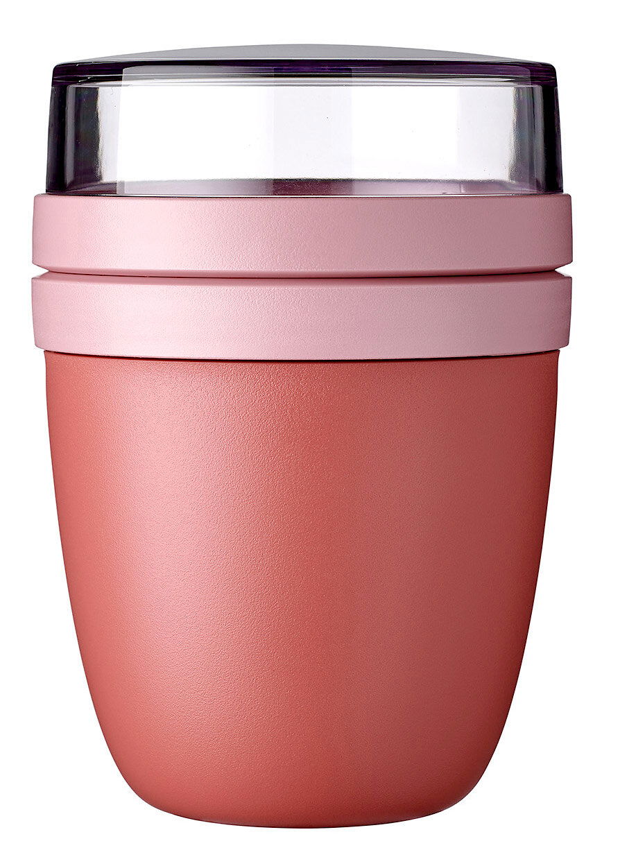 Mepal Snackpot-set, 3-deligRANGE Vivid Mauve Mepal Snackpot in Mauve, Vorderansicht mit transparentem Deckel.