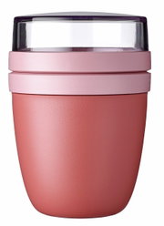 Mepal Snackpot in Mauve, Vorderansicht mit transparentem Deckel.