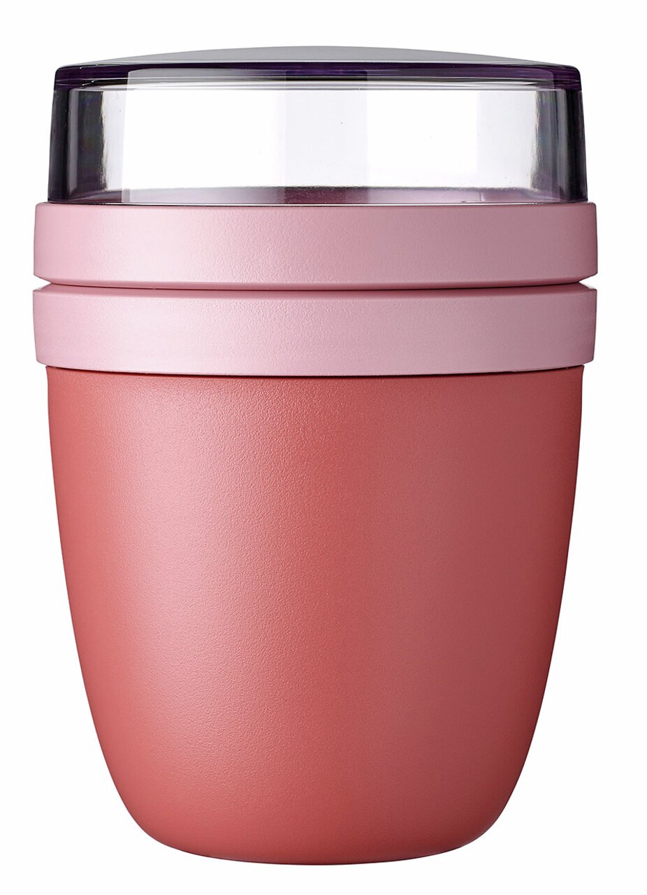 Mepal Snackpot in mauve, vooraanzicht met doorzichtig deksel.