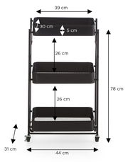 Schwarzer, dreistufiger Rollwagen/Regalwagen aus Metall mit drei Ablagekörben und Rollen, Frontansicht; Maße ca. 78 cm hoch, 44 cm breit, 31 cm tief, obere Ablage 39 cm breit.