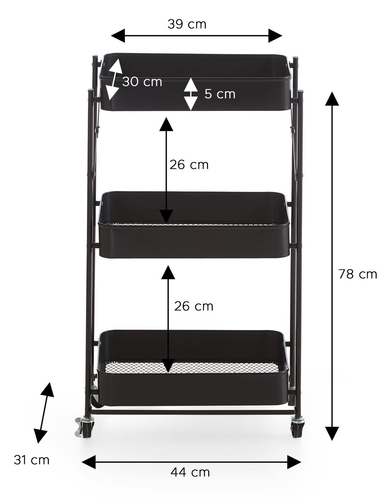 Schwarzer, dreistufiger Rollwagen/Regalwagen aus Metall mit drei Ablagekörben und Rollen, Frontansicht; Maße ca. 78 cm hoch, 44 cm breit, 31 cm tief, obere Ablage 39 cm breit.