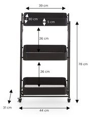 Schwarzer, dreistufiger Rollwagen/Regalwagen aus Metall mit drei Ablagekörben und Rollen, Frontansicht; Maße ca. 78 cm hoch, 44 cm breit, 31 cm tief, obere Ablage 39 cm breit.