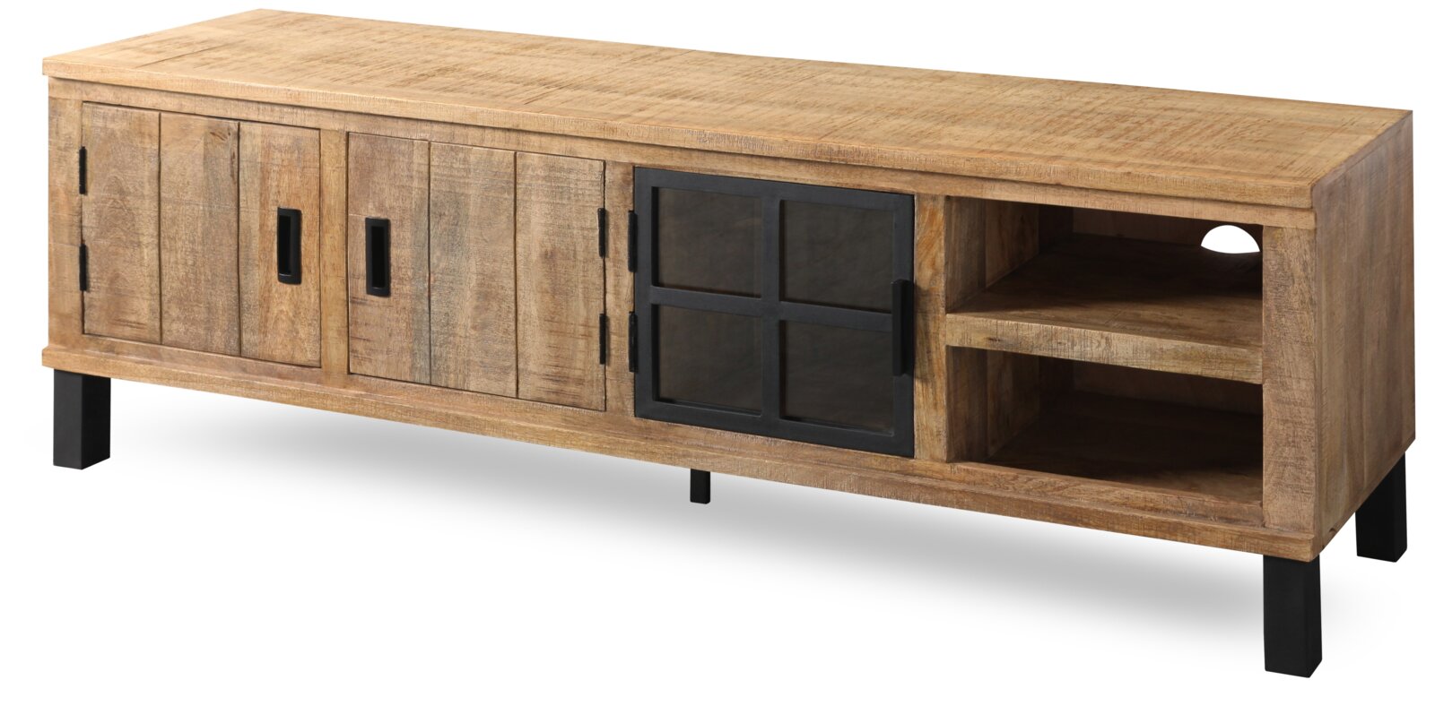 Rustiek houten lowboard met metalen accenten, zijaanzicht