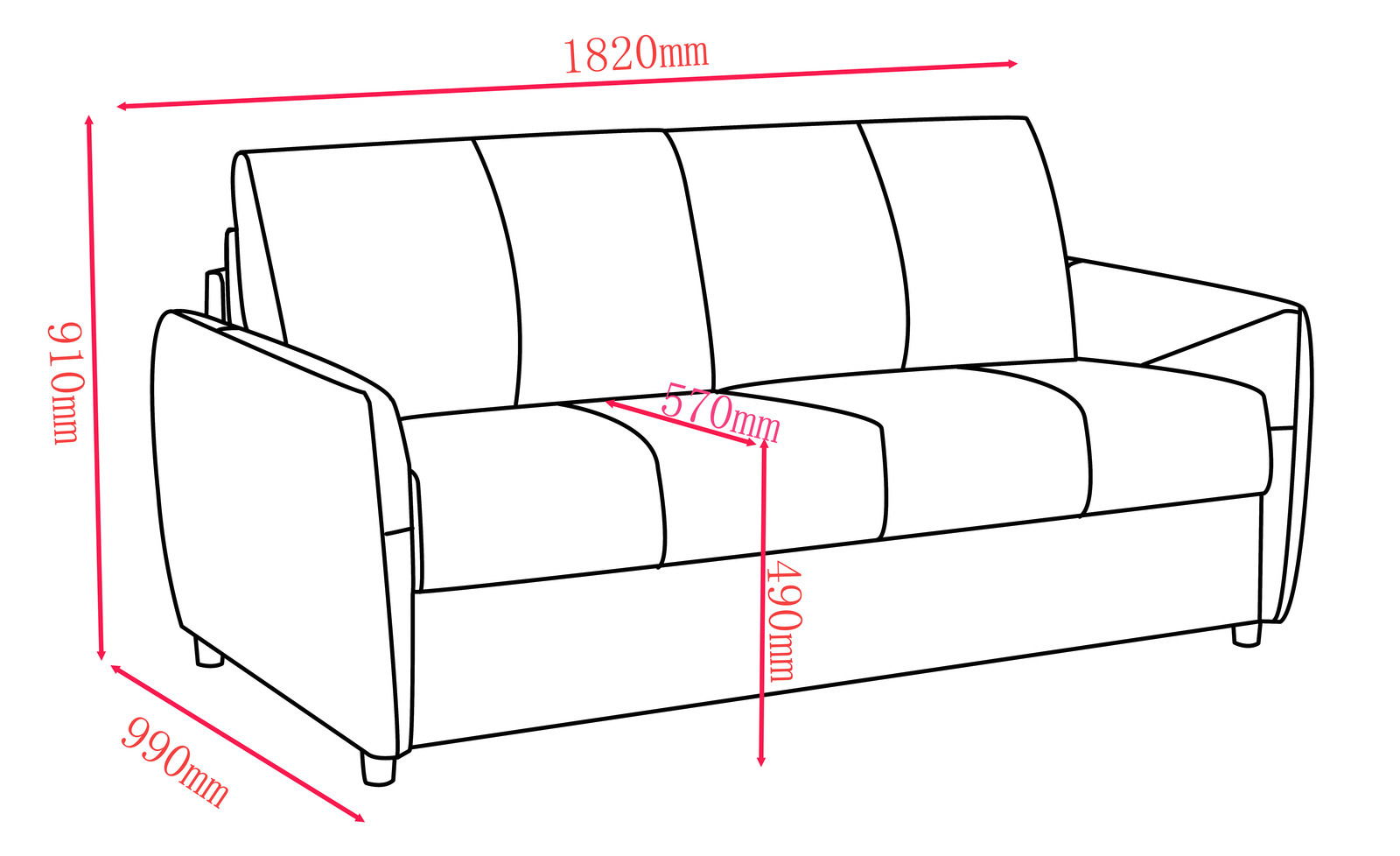 Funktionssofa mit den Maßen 1820mm Breite, 910mm Höhe und 990mm Tiefe, seitliche Perspektive