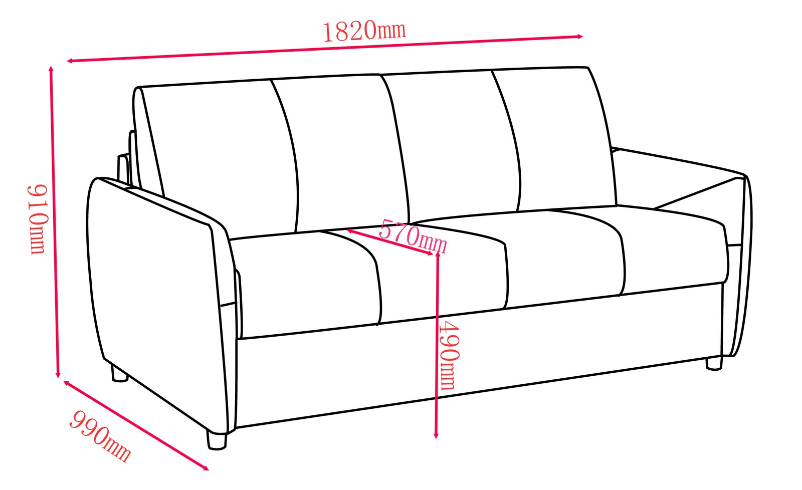 Funktionssofa mit den Maßen 1820mm Breite, 910mm Höhe und 990mm Tiefe, seitliche Perspektive