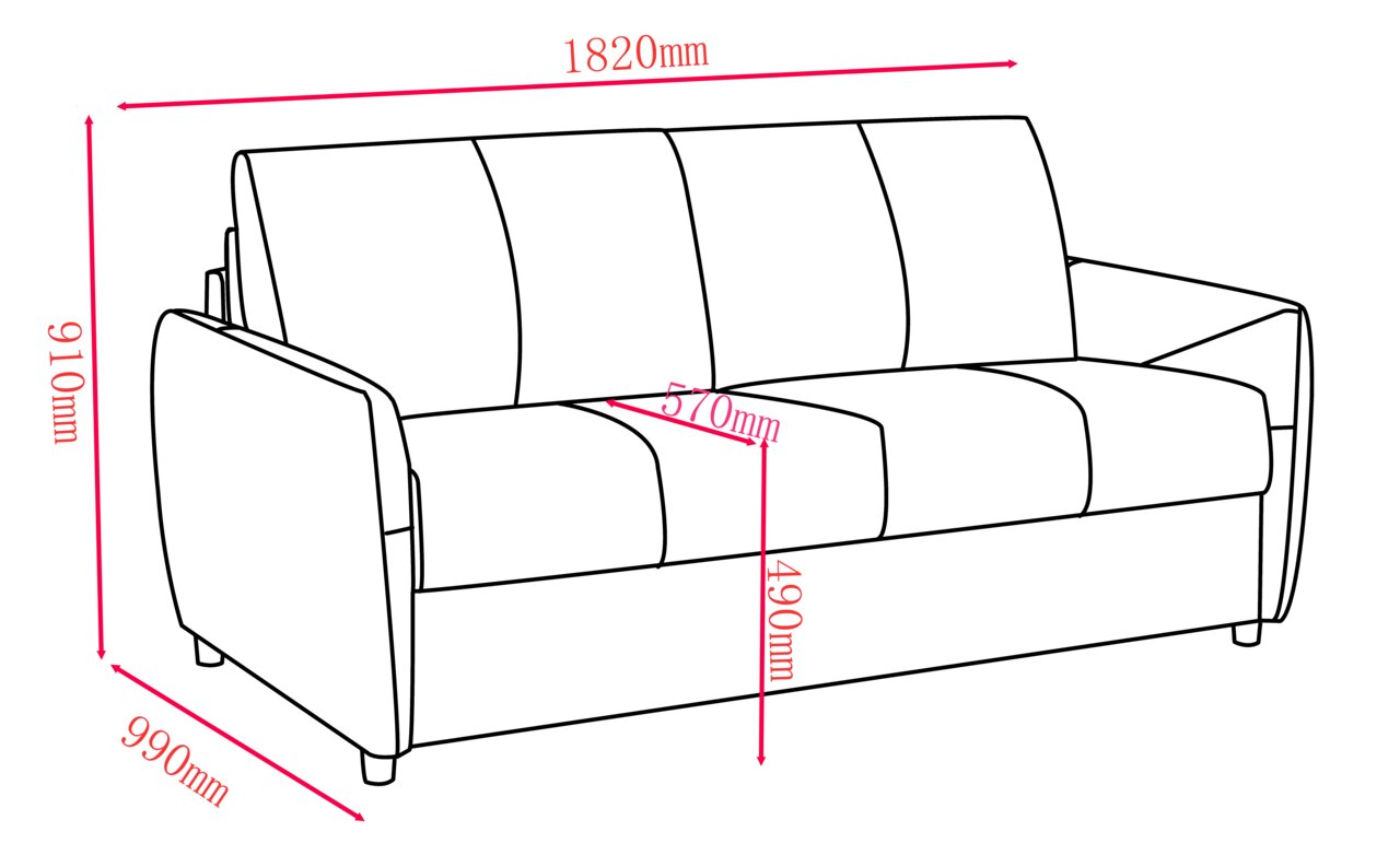 Funktionssofa mit den Maßen 1820mm Breite, 910mm Höhe und 990mm Tiefe, seitliche Perspektive