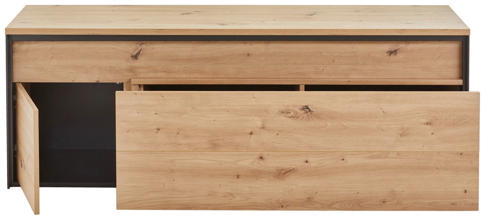 Frontansicht eines TV-Lowboards aus Holz mit geöffneter Schublade und Tür.