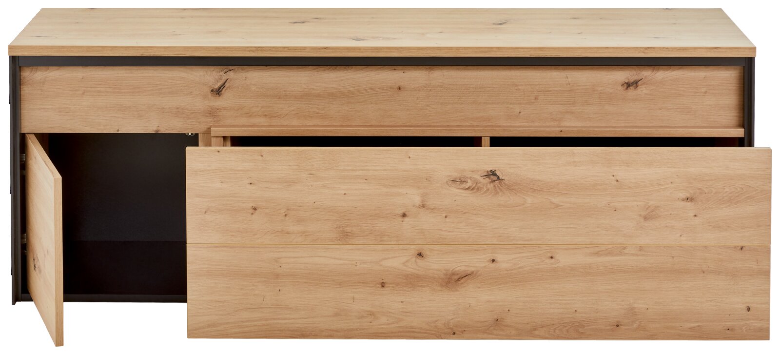 Frontansicht eines TV-Lowboards aus Holz mit geöffneter Schublade und Tür.