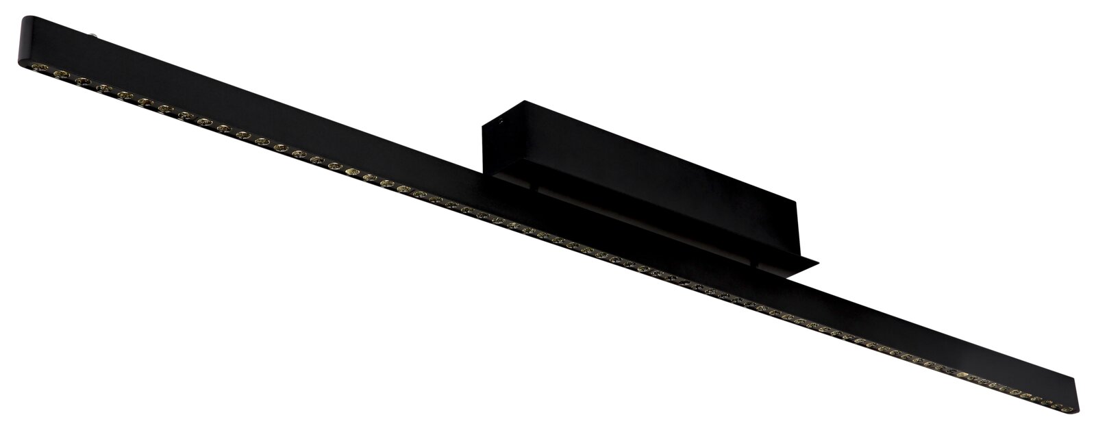 Moderne schwarze Hängeleuchte in seitlicher Perspektive mit schmalem, rechteckigem Design und integrierten LED-Lichtern.