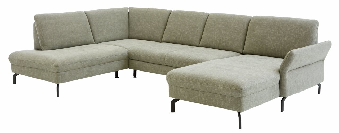 Graue Polsterrundecke in L-Form mit Metallfüßen, seitliche Perspektive