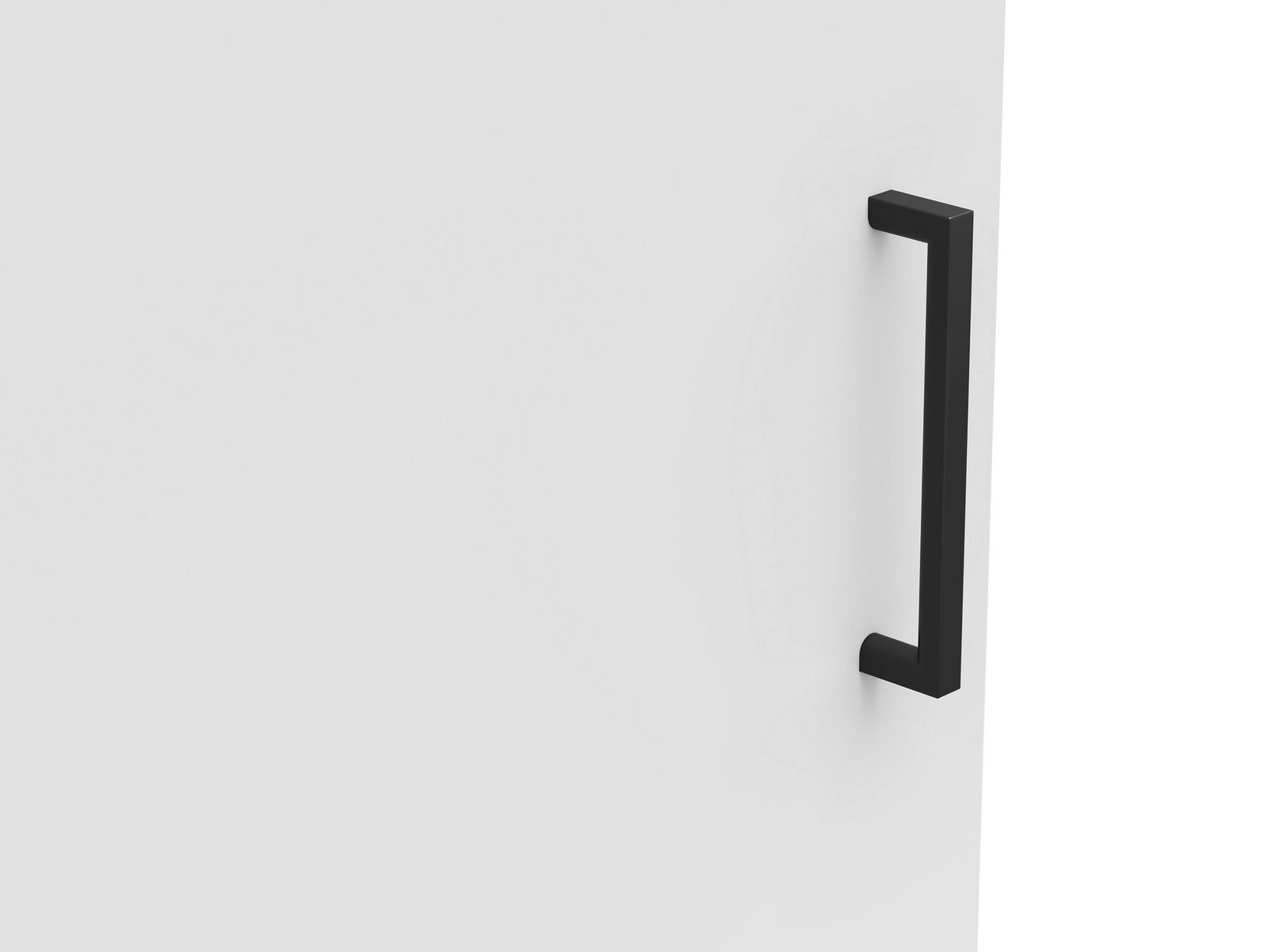 Nahaufnahme eines schwarzen Griffs an einer weißen Kommodentür, seitliche Perspektive