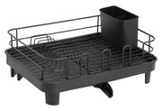 Schwarzer Geschirrabtropfständer mit Besteckhalter, seitliche Perspektive