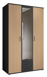 Drehtürenschrank mit drei Türen, mittlere Tür mit Spiegel, Holzoptik mit schwarzen Akzenten, frontale Ansicht