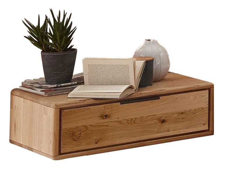 Valnatura Nachtkonsole links LORETTA Holz-Nachtkonsole mit Schublade, dekoriert mit Pflanzen, Büchern und Vase, seitliche Perspektive