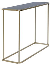 Schmale, moderne Konsole mit goldfarbenem Metallrahmen und schwarzer Tischplatte, seitliche Perspektive