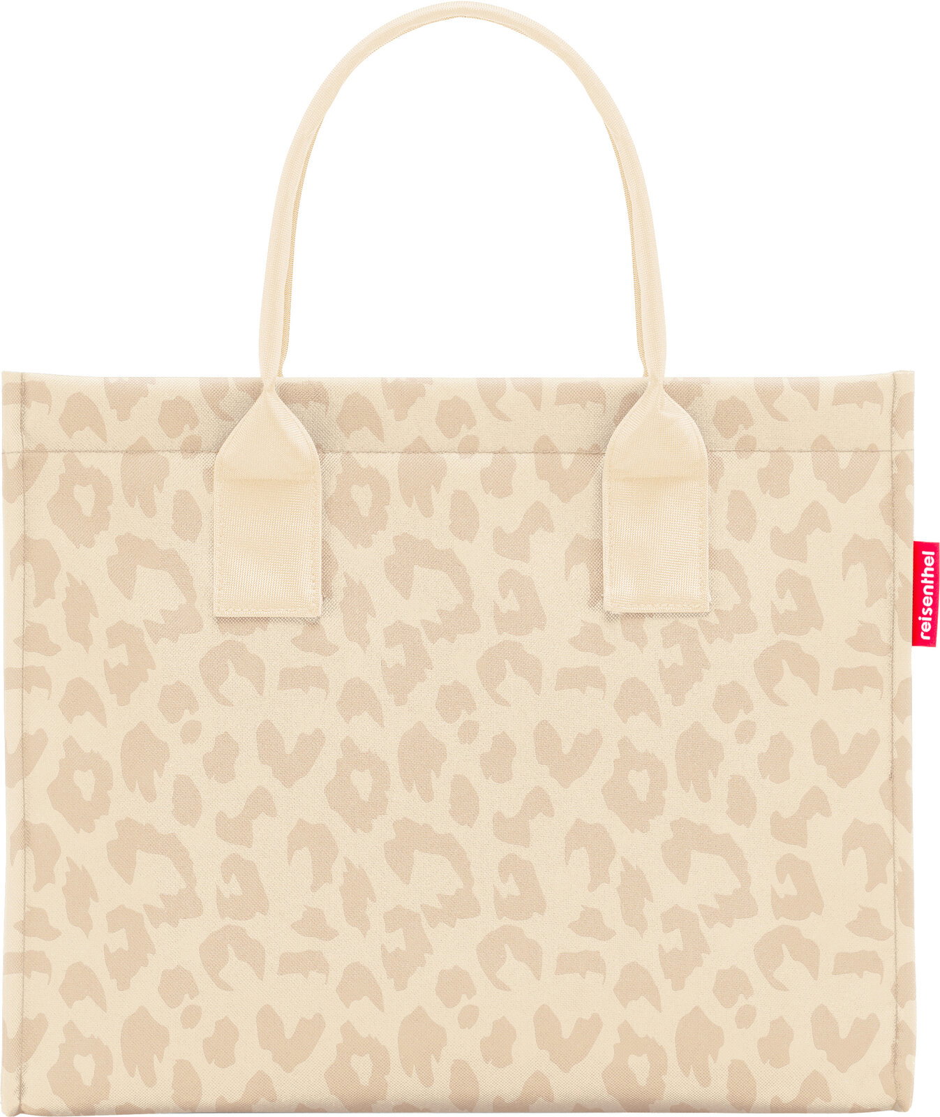 Beige Stoff-Tragetasche mit dezentem Leopardenmuster und zwei langen Henkeln, Frontansicht