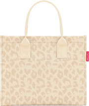 Beige Stoff-Tragetasche mit dezentem Leopardenmuster und zwei langen Henkeln, Frontansicht