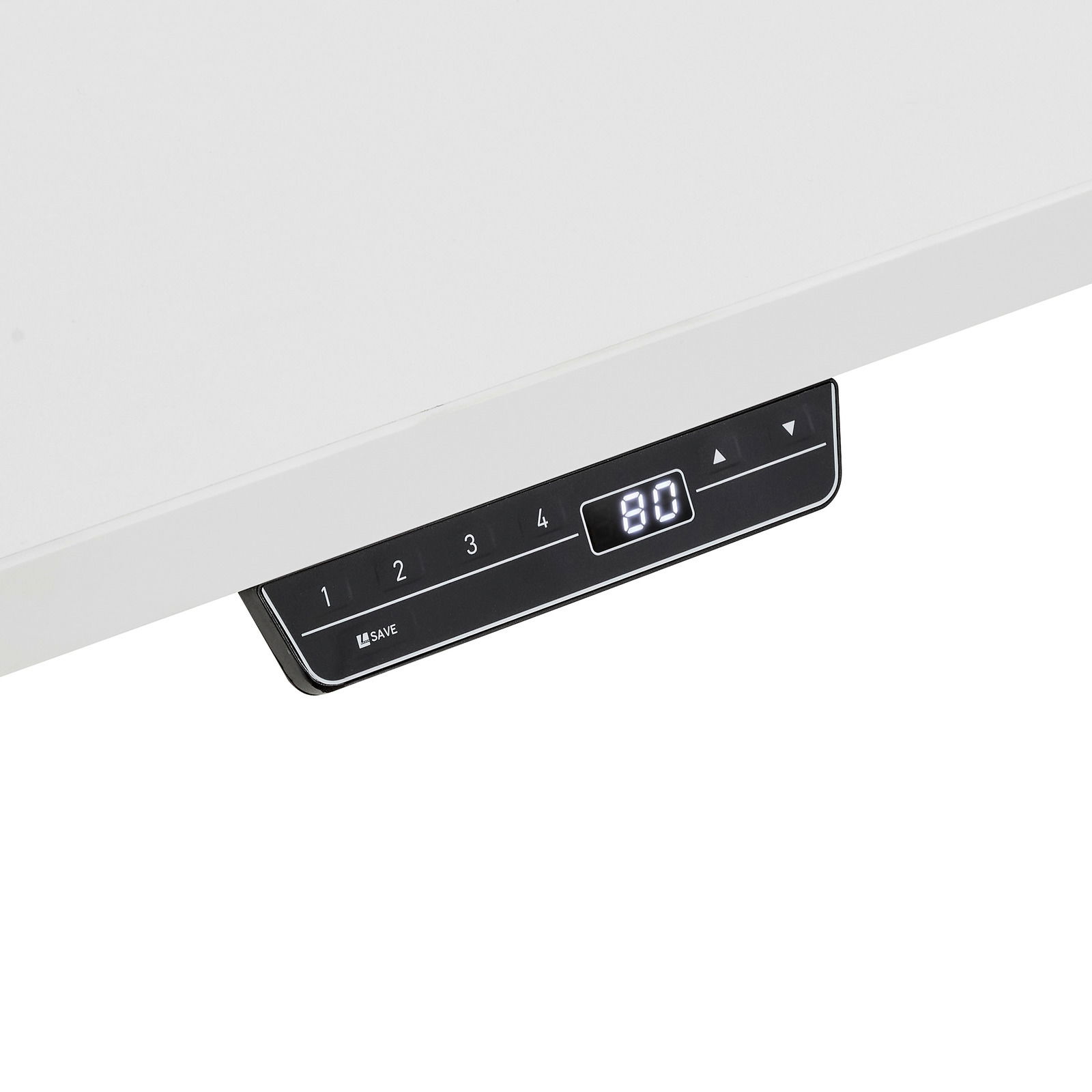 Nahaufnahme eines weißen E-Schreibtischs mit digitalem Bedienfeld und Höhenanzeige.