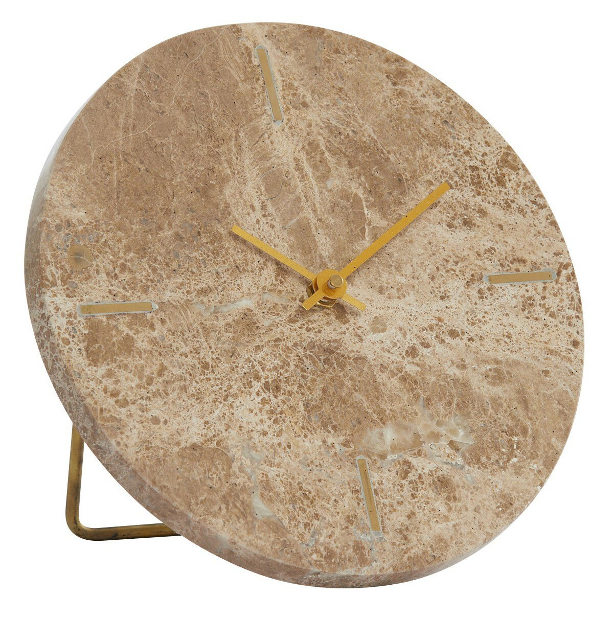 Light&Living Uhr MORENO Nahaufnahme einer runden Uhr aus braunem Marmor mit goldenen Zeigern und minimalistischen Markierungen, seitliche Perspektive.