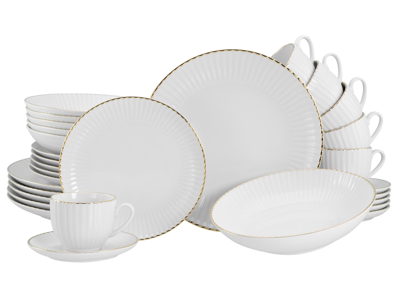 creaTable Kombiservice 30-tlg ALLEGRA Weißes Porzellan-Tafelservice mit geriffelter Struktur und goldfarbenem Rand, bestehend aus Tellern, Schalen und Tassen, frontal in leicht schräger Perspektive auf weißem Hintergrund arrangiert