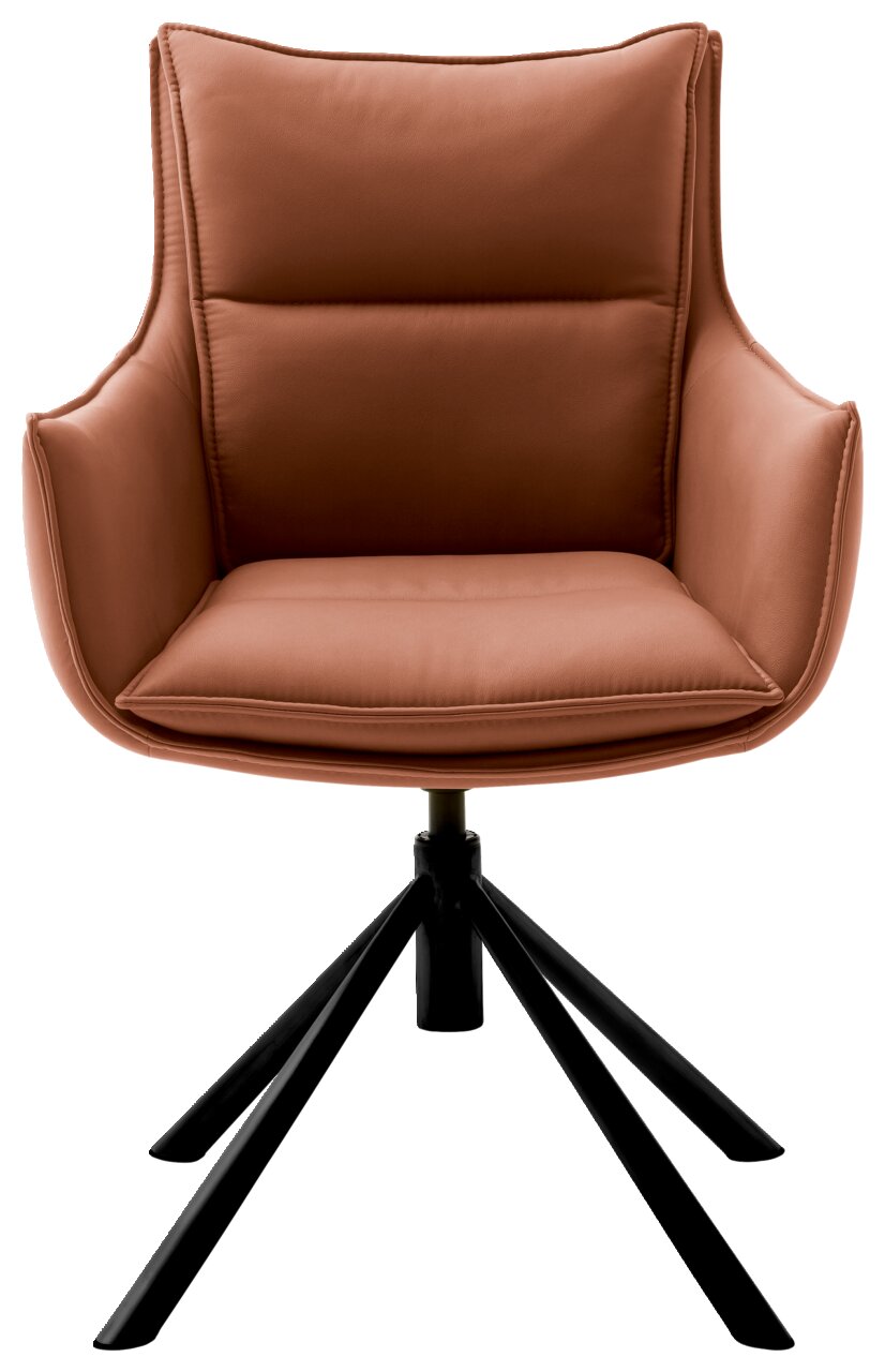 Moderner Sessel in braunem Leder mit schwarzem Metallgestell, Frontalansicht