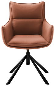 Moderner Sessel in braunem Leder mit schwarzem Metallgestell, Frontalansicht