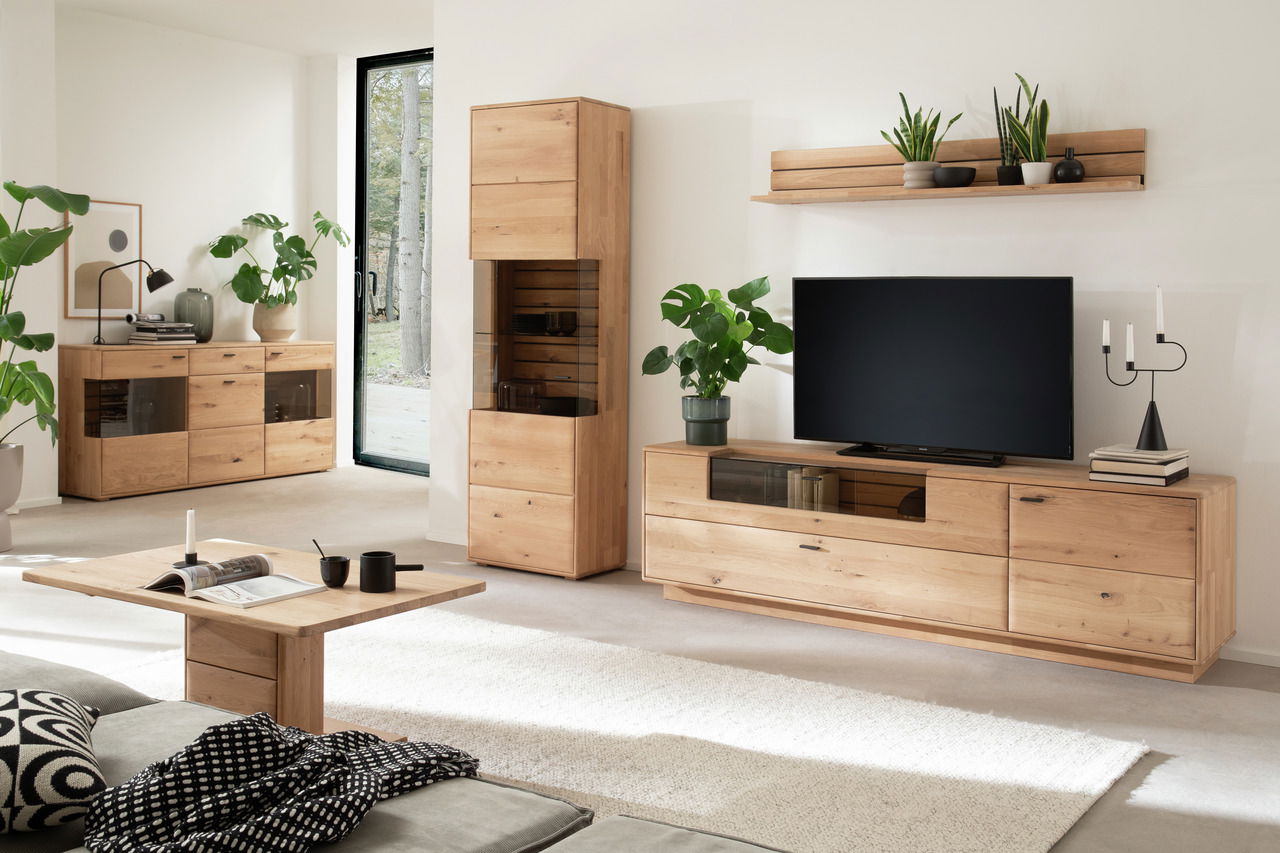 Modernes Wohnzimmer mit Sideboard aus Holz, dekoriert mit Pflanzen und einem Fernseher, aus seitlicher Perspektive.