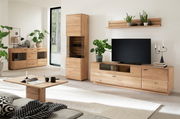 Modernes Wohnzimmer mit Sideboard aus Holz, dekoriert mit Pflanzen und einem Fernseher, aus seitlicher Perspektive.