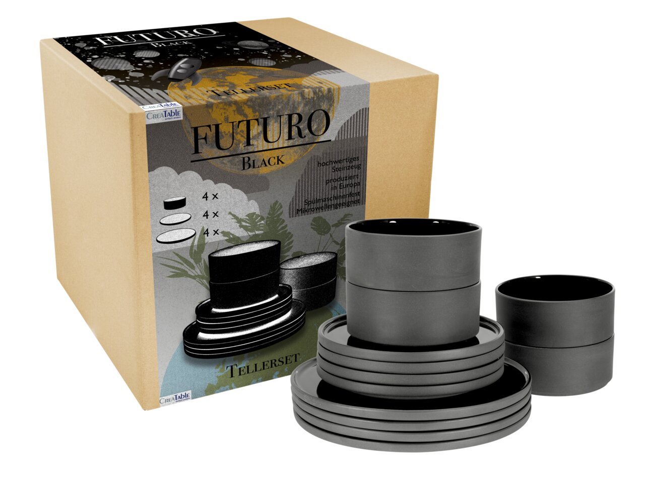 Servies Futuro Black 12-delig van Creatable, bestaande uit zwarte borden en schalen, gepresenteerd in een verpakking. Perspectief: zijaanzicht van de set en de verpakking.