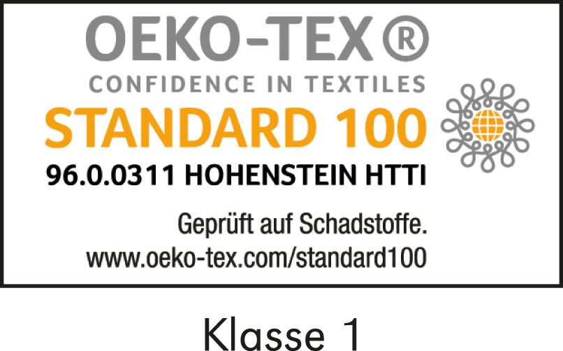 OEKO-TEX Standard 100 Zertifikat, Klasse 1, geprüft auf Schadstoffe, frontal abgebildet.