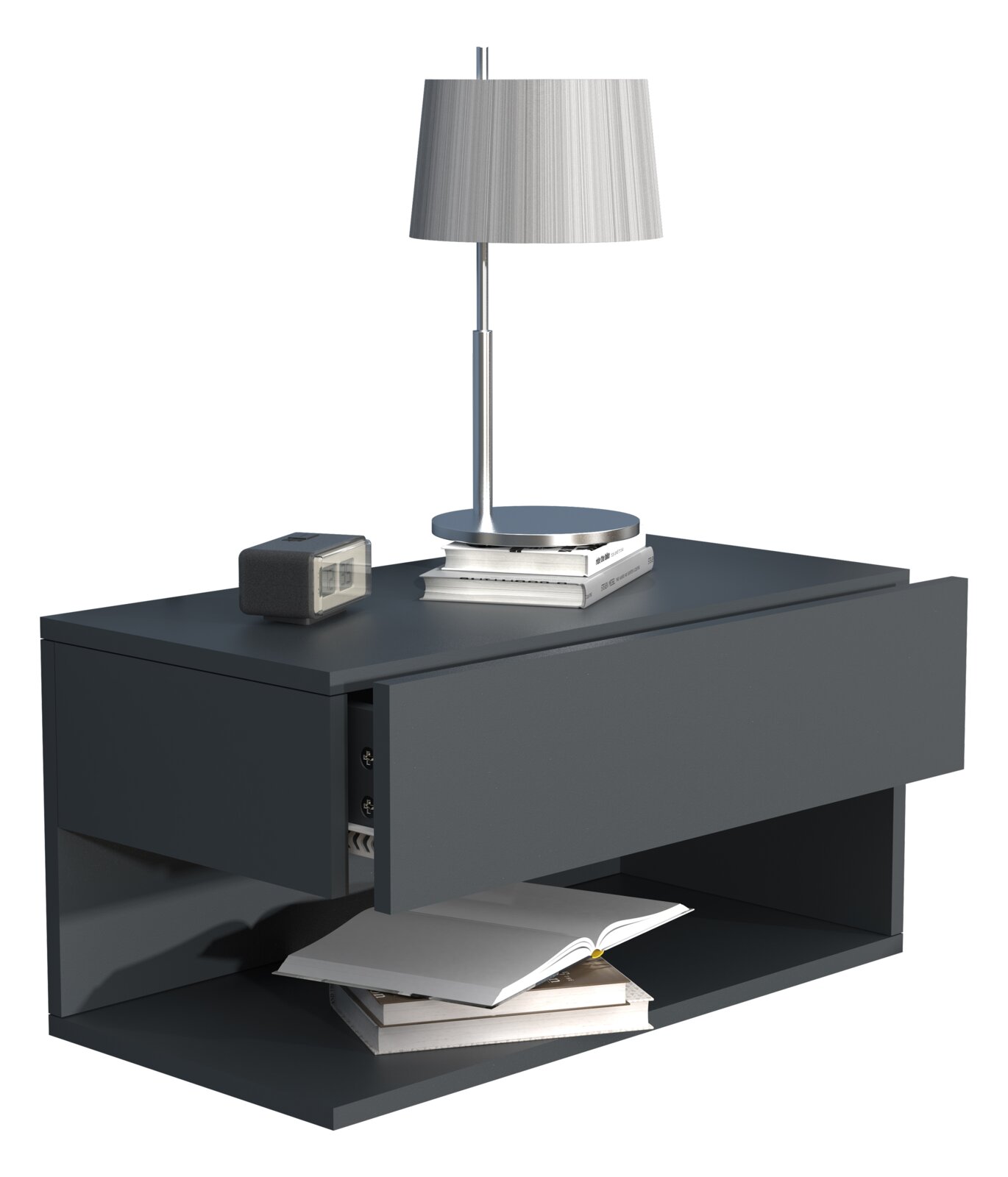 Modernes, dunkelgraues Nachtkästchen mit Schiebetür und offenem Fach, darauf Tischlampe, Wecker und Bücher; perspektivische Ansicht schräg von vorne/oben vor weißem Hintergrund
