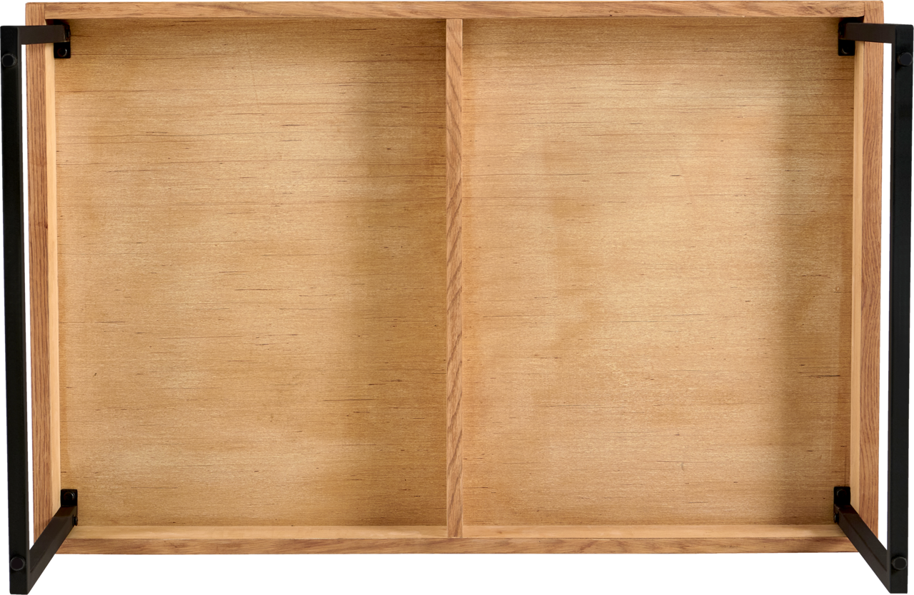 Unterseite eines Couchtisches aus Holz mit Metallrahmen, von unten betrachtet.