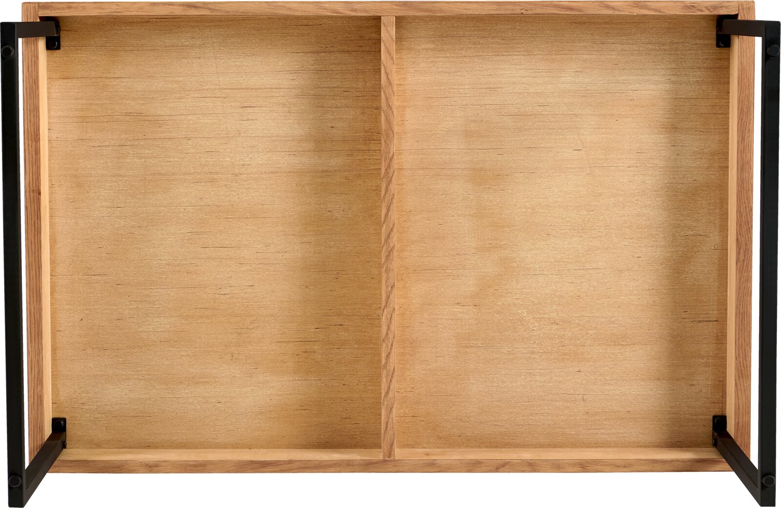De onderkant van een houten salontafel met metalen frame, gezien van onderaf.
